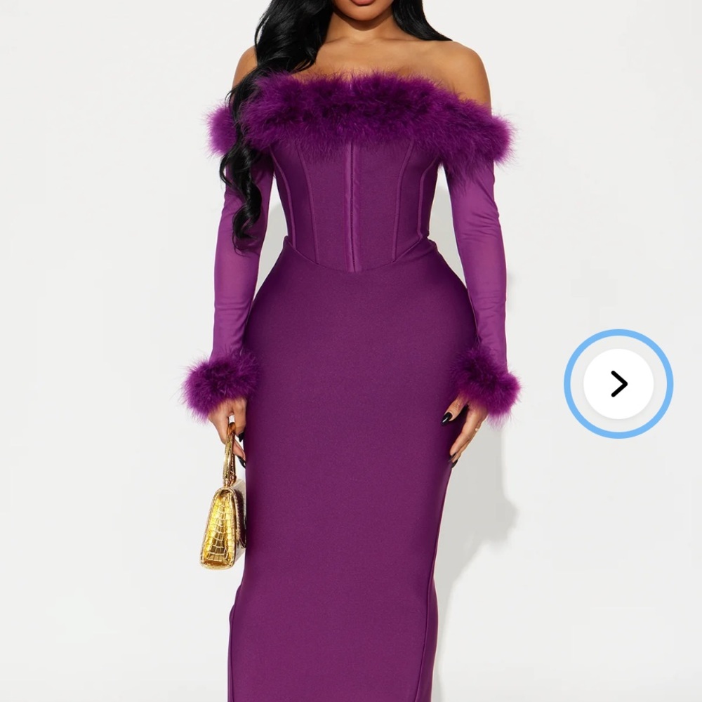 Fashion Nova Off-Shoulder Purple Long Sleeve Feather-Trim Midi Dress